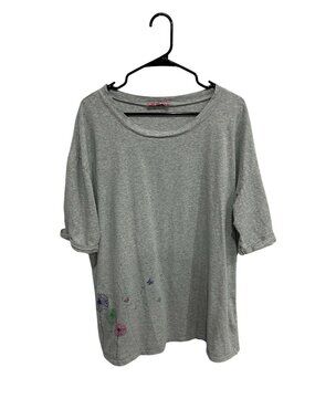 Pom Pom 1X Gray Graphic Tee Floral Design Rolled Sleeves Floralcore Gardencore